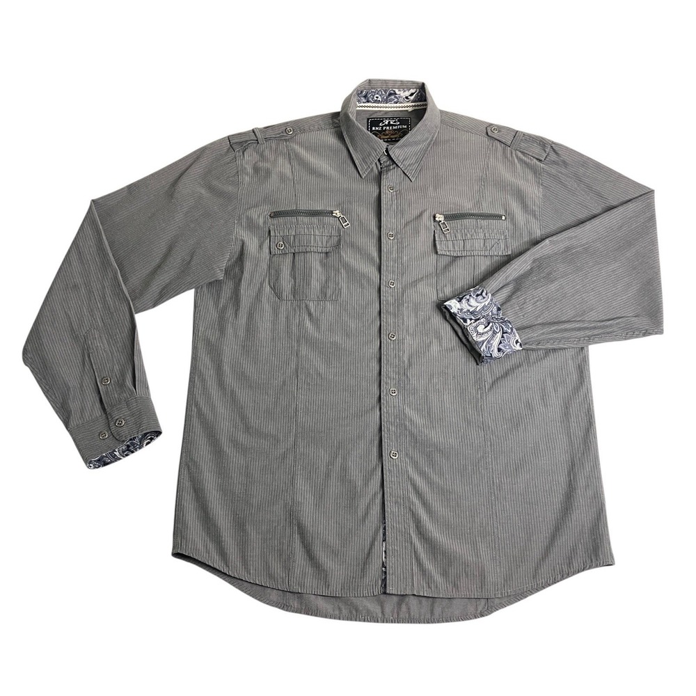 Y2K RNZ Premium Shirt Mens 2XL Gray Paisley Flip Cuff‎ Flap Pockets Streetwear